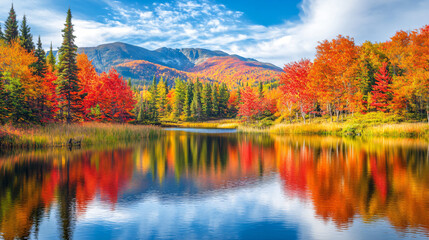 Obraz premium Autumn hills with colorful foliage reflected in a calm lake