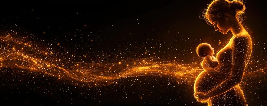 Enchanting golden outline of a pregnant woman in a starry backdrop