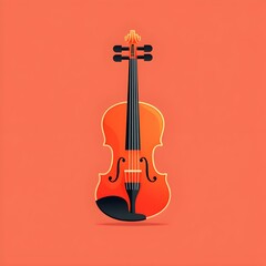 Fototapeta premium Cute cartoon violin, flat style illustration, simple details, simple background, vector graphics, symmetrical composition, flat design, bright colors, warm tones, cute shape, musical instrument icon, 