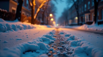 Snow-covered street with softly glowing streetlights creates a serene winter evening scene in a quiet urban neighborhood