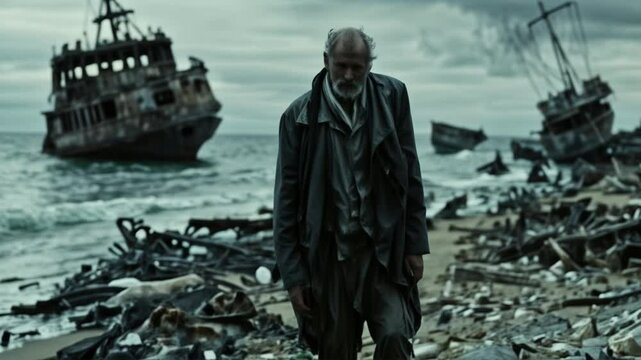 A man in rags walks along the seashore. In the background are half-sunken ships. Fragments of ships and human bones on the shore. Apocalyptic theme. End of the world. Despair and horror. Slow motion.