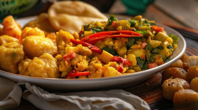 A mouthwatering platter of Jamaican ackee and saltfish served with fried dumplings and plantains, Ackee and saltfish platter centered