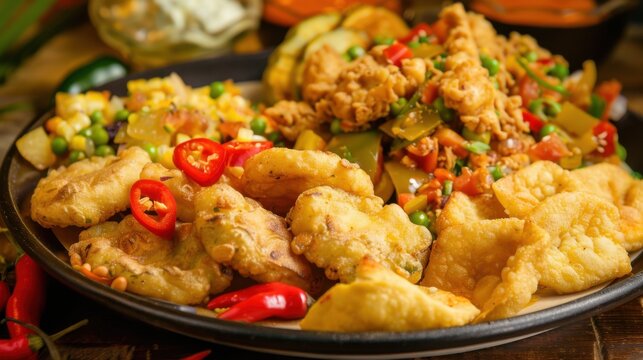 A mouthwatering platter of Jamaican ackee and saltfish served with fried dumplings and plantains, Ackee and saltfish platter centered