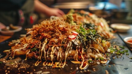 A mouthwatering platter of Japanese okonomiyaki, savory pancakes filled with cabbage