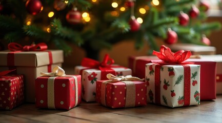 Festive Christmas gifts wrapped in red and white paper with ribbons are beautifully arranged under a decorated Christmas tree with glowing lights