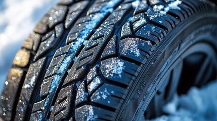 Close-up of a winter tire tread with snow, showcasing grip and traction features.