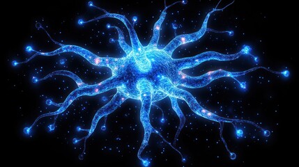 A glowing blue neuron with numerous dendrites extending out from its cell body.  The neuron is set against a dark background.