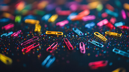 Colorful paperclips scattered on dark surface with vibrant confetti specks