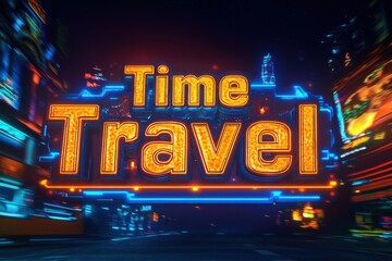 Vibrant time travel neon sign glowing in city night scene