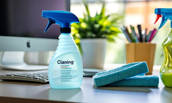 Cleaning Supplies on Office Desk with Computer and Plants in Background, Essential Tools for a Tidy Workspace and Productive Environment