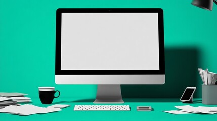 Modern Workplace  Desk Setup with Blank Computer Screen