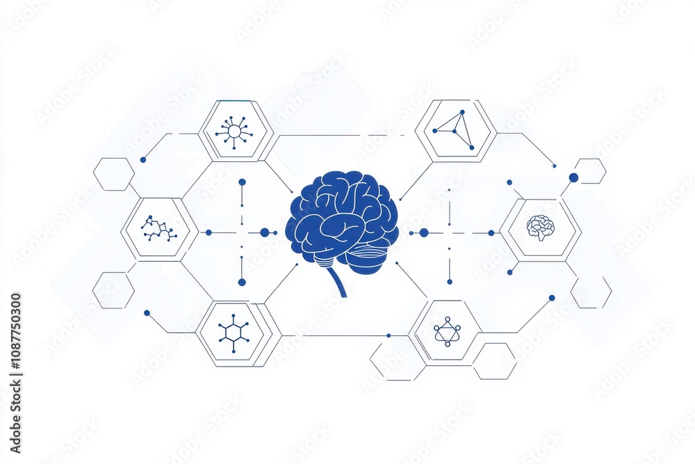 Wall mural abstract blue hexagonal network design for artificial intelligence