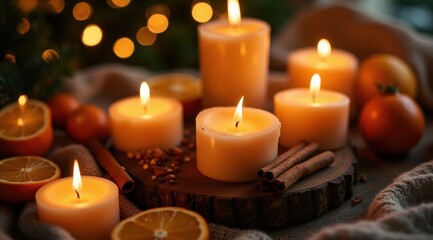 Warm glowing candles with cinnamon sticks and sliced oranges create a cozy, festive atmosphere on a wooden surface, perfect for holiday ambience