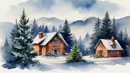 Snowy wooden houses surrounded by pine trees in a winter mountain landscape. Watercolor painting for holiday and seasonal design.