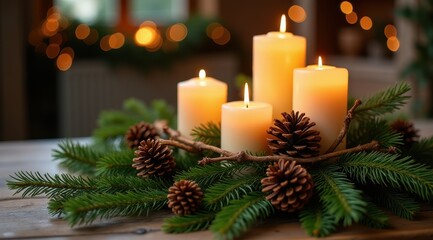 Cozy candlelit scene featuring glowing candles, pine branches, and pine cones on a wooden table, creating a warm and festive ambiance