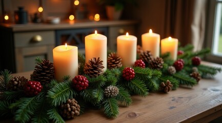 A cozy table setting with glowing candles nestled in evergreen branches, pinecones, and red berries, providing a warm holiday ambiance