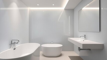 Fototapeta premium A minimalist bathroom featuring a sleek white bathtub, a modern sink with chrome fixtures, and a large mirror, interior, elegant