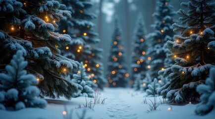 Snowy forest path lined with illuminated string lights creating a magical winter atmosphere