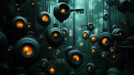Surreal forest scene with glowing orbs suspended among trees, each containing a vintage key and illuminated by warm light, creating a mysterious and fantastical atmosphere.