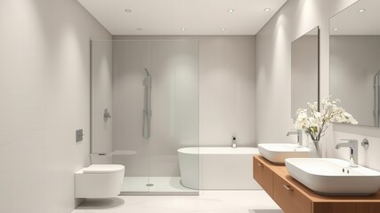 Fototapeta premium A minimalistic bathroom design featuring a sleek shower stall with a clear glass door and modern fixtures, glass, shower