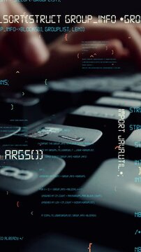 Creative visual of computer programming coding and software development shown by man working on computer keyboard with overlay of computer graphic displaying abstract program codes and computer script