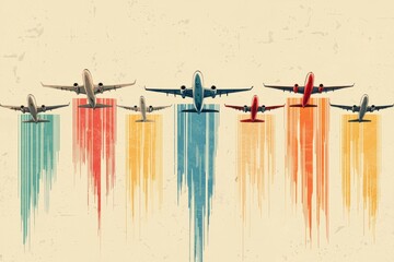 Minimalist illustration of airplanes soaring through colorful sky with stars