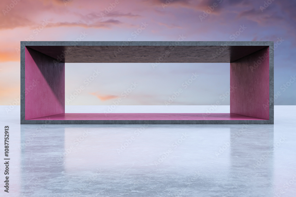 Poster Light concrete exhibition space with empty mock up place and sunset sky background. Creativity and modern art concept. 3D Rendering.