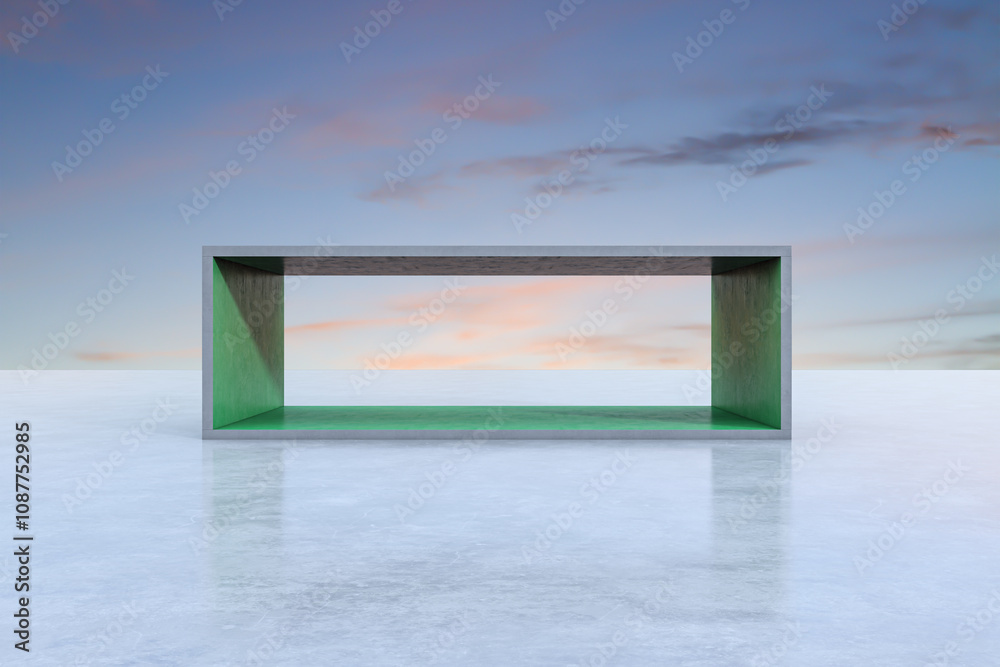 Poster light green concrete exhibition space with empty mock up place and sunset sky background. creativity