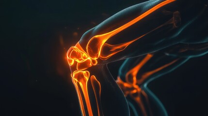 A digital rendering of a glowing knee joint highlighting its anatomy.