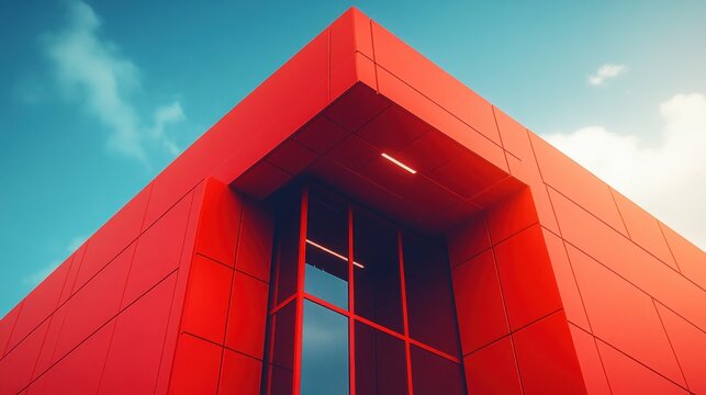 A low angle view of a red modern building with large windows against a bright blue sky.