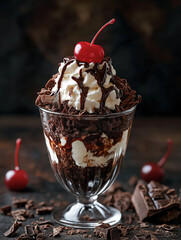 A Serving of Vanilla Ice Cream Plated with Fresh Mint Leaves and a Drizzle of Chocolate Syrup, Offering a Perfect Balance of Sweetness and Elegance
