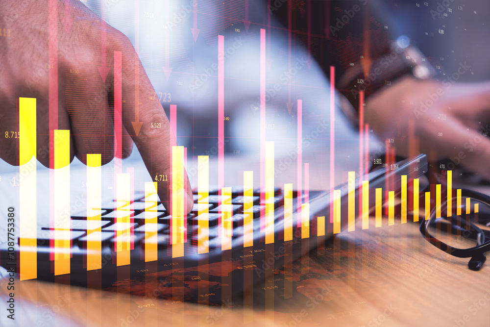 Poster close up of male hands using calculator on desk with glowing red business chart and map on blurry ba