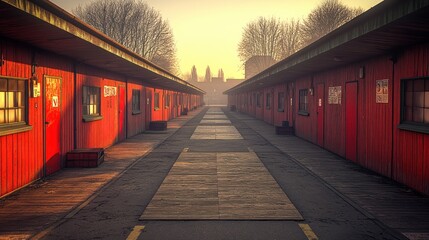 Fototapeta premium A long, narrow path lined with red buildings stretches toward a hazy cityscape in the distance.