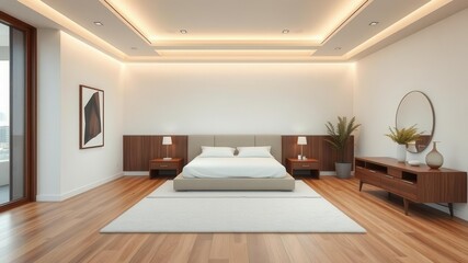 Modern bedroom featuring sleek wood flooring, minimalist design, and neutral color palette, creating a stylish and cozy retreat for relaxation and rest, flooring, rest, wood