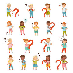 Puzzled Little Kids with Question Scratching Their Heads Wondering Vector Set
