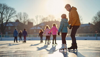 Family fun on the ice in a sunlit outdoor skating rink during winter afternoon joy