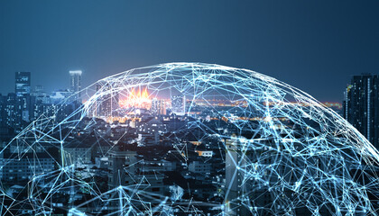 Creative city background with glowing polygonal sphere. Technology, ai and connections concept.