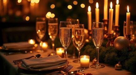 Elegant holiday dining table set with champagne flutes, candles, and festive decorations, creating a warm, inviting ambiance