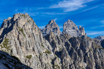 Tre Cime di Lavaredo's south face in the Dolomites striking alpine landscape with rugged peaks, vertical rock faces, and breathtaking mountain scenery. Drei Zinnen, Three peaks in the Dolomiti Alps