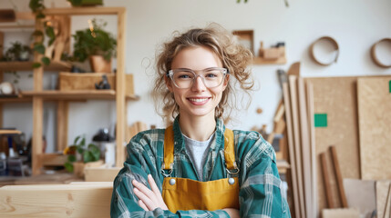 Confident young woman in a creative workshop setting