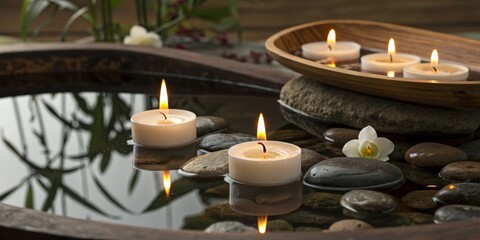 Reflection of Light An artistic depiction of sshaped candles lit in a serene environment with reflections in a shallow bowl of water enhancing the scenes tranquility.