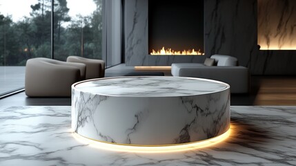 A marble pedestal with a glowing ring of light sits in a modern living room with a fireplace, plush furniture, and large windows overlooking a forest.