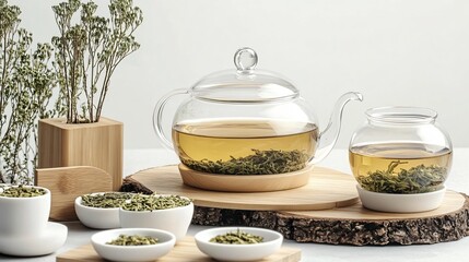 A tea set featuring jasmine-scented green tea, surrounded by decorative wooden elements