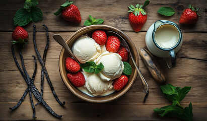 A Gourmet Serving of Vanilla Ice Cream in a Glass Bowl, Highlighted with Fresh Fruit and a Light Drizzle of Caramel for a Sophisticated Dessert Presentation





