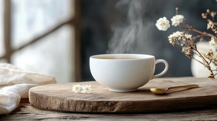 A white teacup filled with steaming jasmine tea, placed on a rustic wooden board with a gold teaspoon