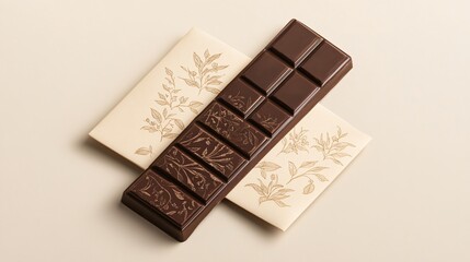 An artisanal jasmine chocolate bar wrapped in elegant packaging, isolated on a soft beige background