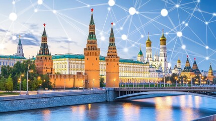 Fototapeta premium The iconic Kremlin illuminated as a digital hologram, surrounded by futuristic Moscow architecture and glowing lights.