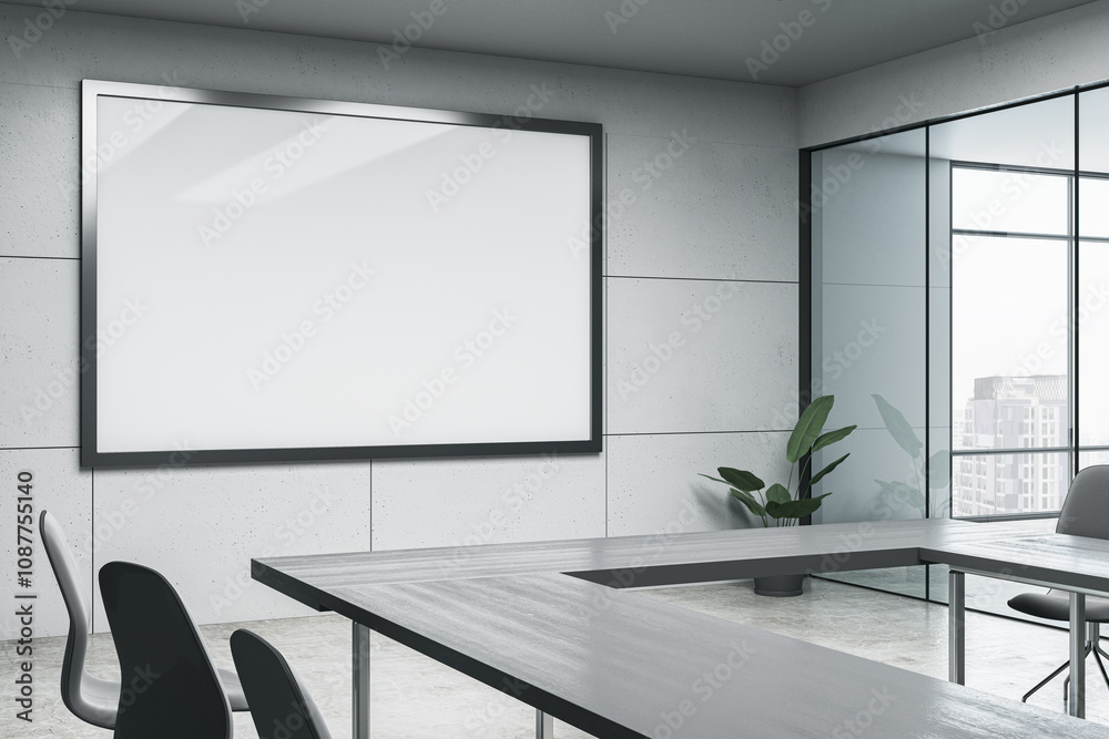 Poster clean light meeting room interior with mock up place on white banner. presentation concept. 3d rende