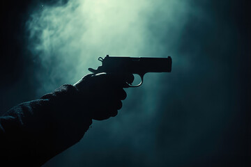 Naklejka premium A Dark Silhouette of a Hand Holding a Gun in a Smoky Environment at Night