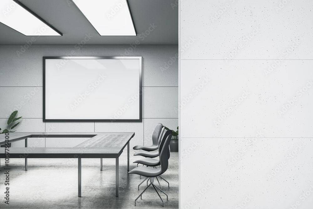 Poster simple light meeting room interior with mock up place on white banner. presentation concept. 3d rend